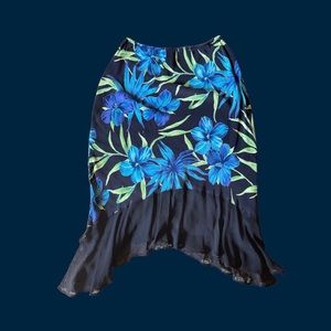 90s Y2K Vintage Chiffon Large Blue Floral Sheer Black Ruffle Hem Midi Skirt